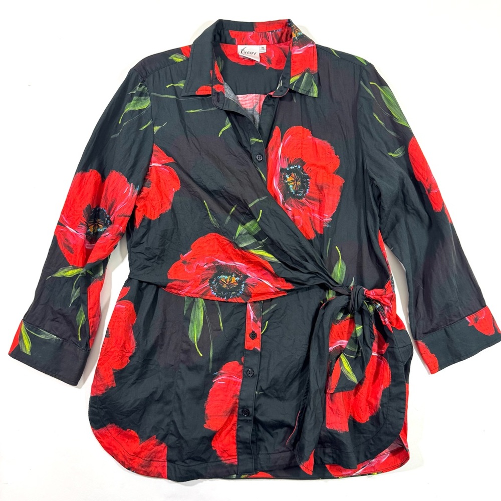 Finley Black Button Front Shirt Tie Detail Red Poppy